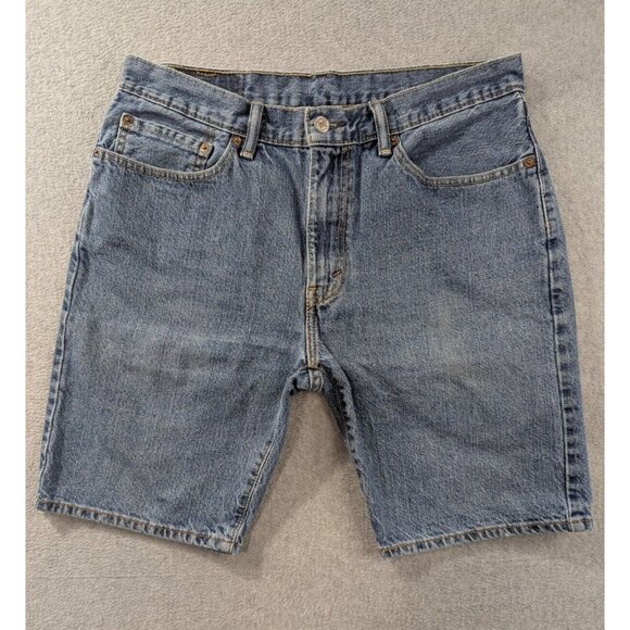Levis 505 Shorts Mens Size 34 Blue Relaxed Bermuda Faded Whiskers 100% Cotton - Picture 1 of 13